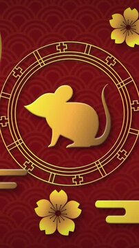 Vertical video: On loop gold rat and twin ring rotating gold motif shining pulsing for festive card