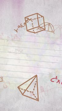 Vertical video: Math marks appearing, cube pyramid showing ruled page, ink wash drifting