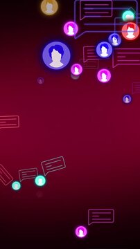 Vertical video: On new message ping, neon avatar circles clustering and glowing