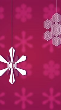 Vertical video: Two flake ornaments entering from top edge, bobbing and sparkling for holiday card