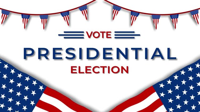 Presidential election animated text template with waving american flags and decorative bunting in loop motion on 4k white background.