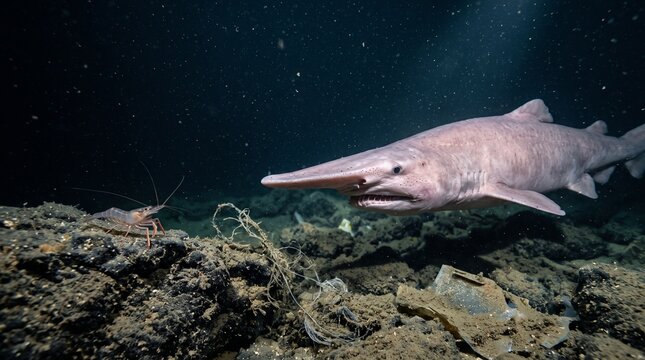 Goblin shark swimming near ocean floor with vibrant marine life