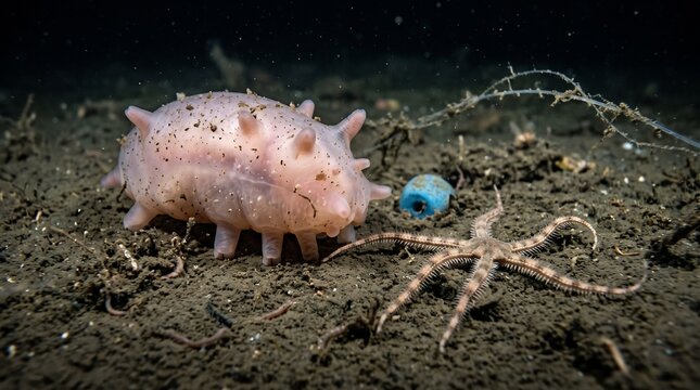 Underwater scene with sea cucumber, starfish, and marine life