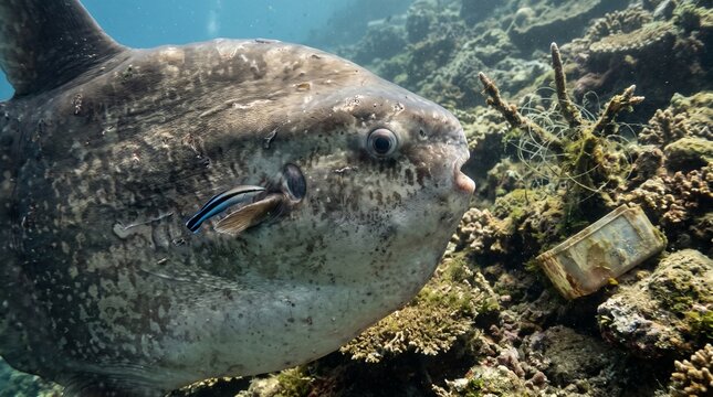 Ocean sunfish swimming near coral reef in clear blue water
