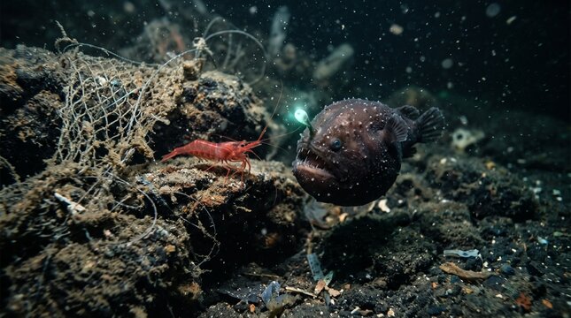 Underwater scene with frogfish and marine life on coral reef