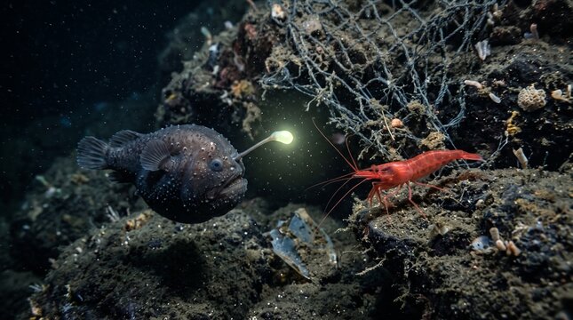 Deep-sea anglerfish and shrimp interaction in oceanic environment