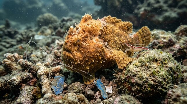 Camouflaged Frogfish Resting on Coral Reef Underwater