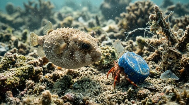 Pufferfish and hermit crab encounter on coral reef with ocean pollution