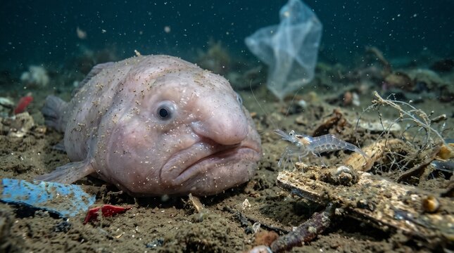 Blobfish surrounded by ocean pollution on seabed