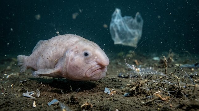 Deep sea fish swimming near plastic pollution in ocean environment