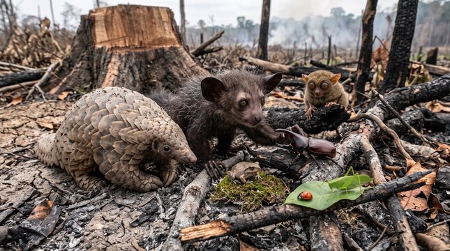 Wildlife animals in deforested habitat with charred tree stumps