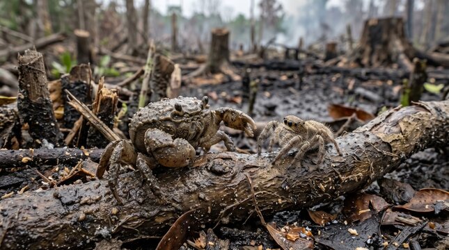 Crabs on a charred log in a deforested landscape