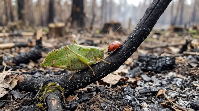 Close-up of katydid and ladybug on charred branch in forest