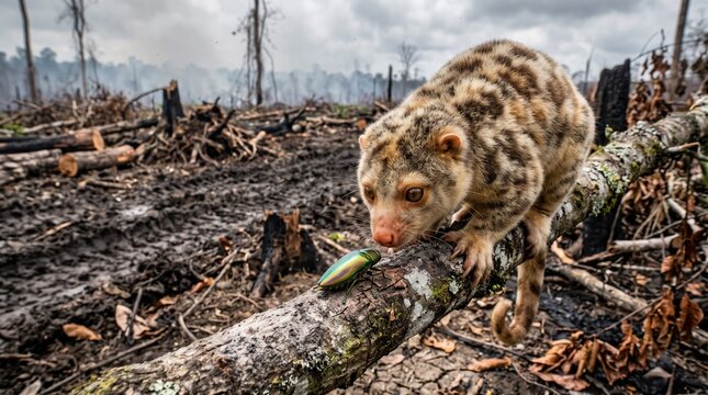 Spotted wild animal navigating deforested landscape on fallen tree