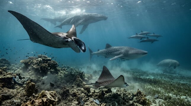 Underwater scene with sharks and rays swimming over coral reef