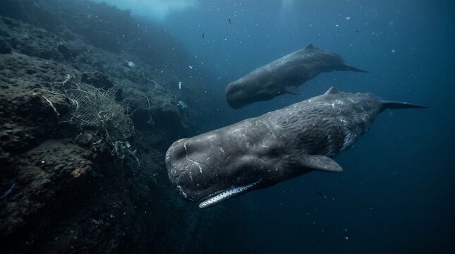 Sperm whales swimming gracefully in deep ocean waters