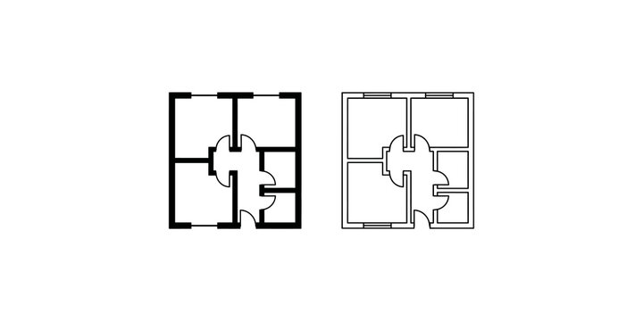 Floor Plan Icon - Solid and Outline Versions, Transparent Background