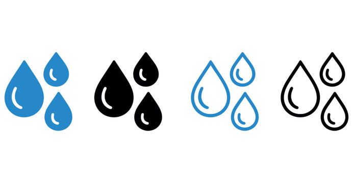Set of four water drop icons in blue, black, and outline styles on white background.