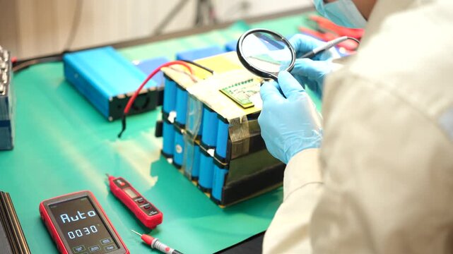 The skilled technician works on the lithium phosphate battery circuit board with his partner.