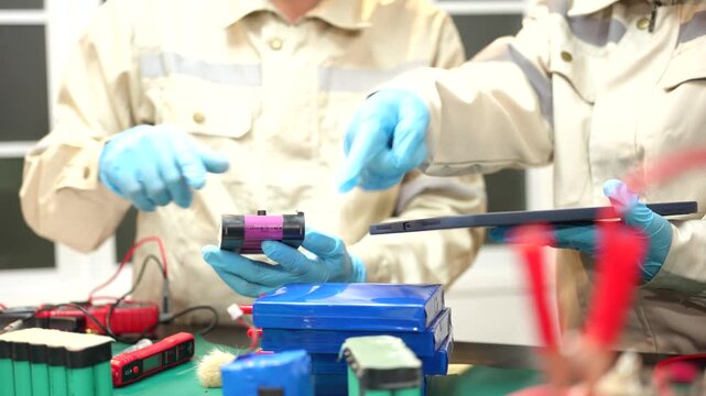 The skilled technician works on the lithium phosphate battery circuit board with his partner.