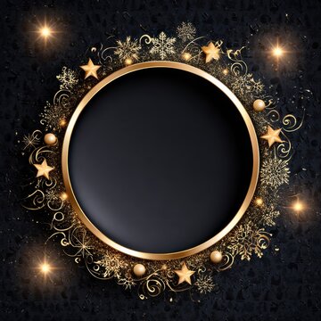 Christmas and New Year Celebration Background with Golden Star and Snowflake Decoration Round Frame.