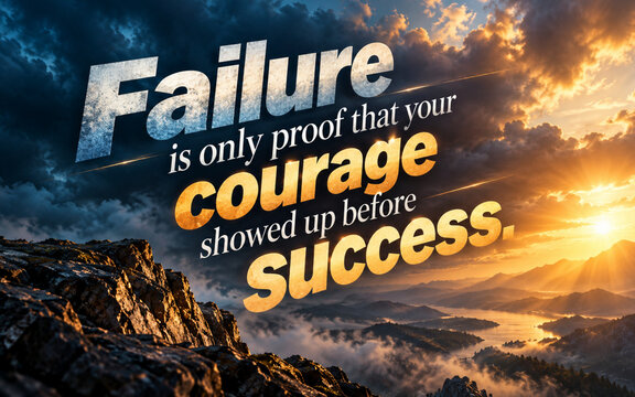 Empowering quote about learning from failure and showing courage before success, paired with a golden sunrise above rugged mountains and dramatic clouds.