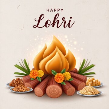 Happy Lohri Festival Social Media Square Post Design with Traditional Food and Bonfire on Beige Background Illustration.