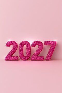 New Year 2027 Number Pink Glitter Isolated on Glossy Background Photo.