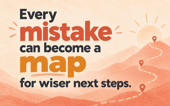 Inspirational quote about learning from mistakes and finding wiser next steps, illustrated with a winding path and route markers in warm coral tones.
