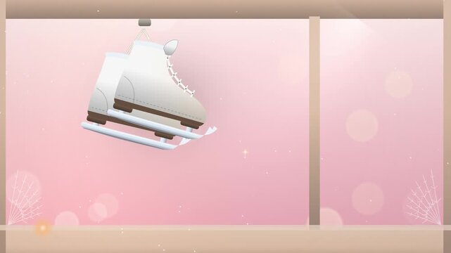 Pink ice skates hanging at a frosted winter endless loop