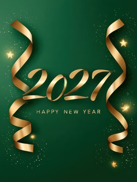 Happy New Year 2027 Greeting Card Template Design with Golden Ribbon and Stars on Glossy Green Background.