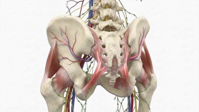 Detailed 3D Animation of Human Pelvic Anatomy Showing Bones, Muscles, Nerves, and Blood Vessels. Medical Illustration of the Hip Region and Its Complex Biological Systems for Education and Research.