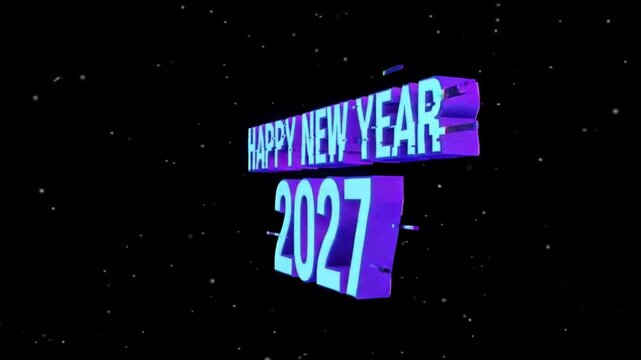 3D, Animation, &ldquo;Happy New Year 2027&rdquo; text with a glitch effect on a black background	