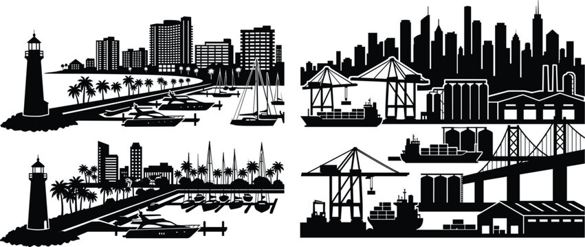 Black and white vector silhouette set of coastal city marina and industrial cargo port skylines