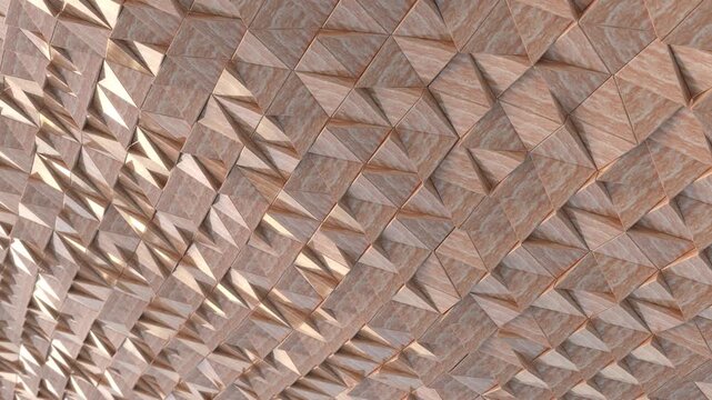 3D rendering seamless loop animation of abstract pink marble triangular geometric tile wall waving. Luxury modern architectural texture motion background.