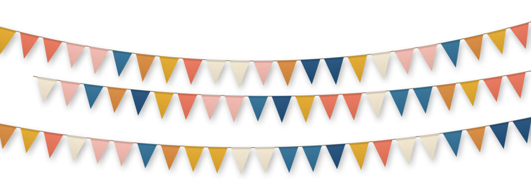 Colorful triangle bunting flag garlands in three rows, festive party pennant decoration on transparent background