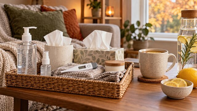 Flu season household preparation with tissues, thermometer, nasal spray, warm tea, lemon, ginger, and a cozy blanket arranged on a living room table.