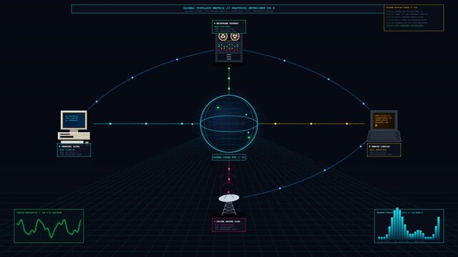 Retro futuristic 90s computer network connection illustration featuring vintage PC workstations, mainframe server rack, glowing wireframe cyber globe,.