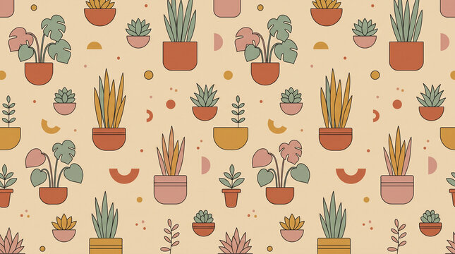 Seamless pattern of potted houseplants, succulents, and leaves in modern boho style on a warm beige background.