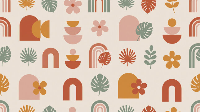 Seamless pattern with abstract boho shapes, rainbows, tropical leaves, and flowers in earthy terracotta tones.
