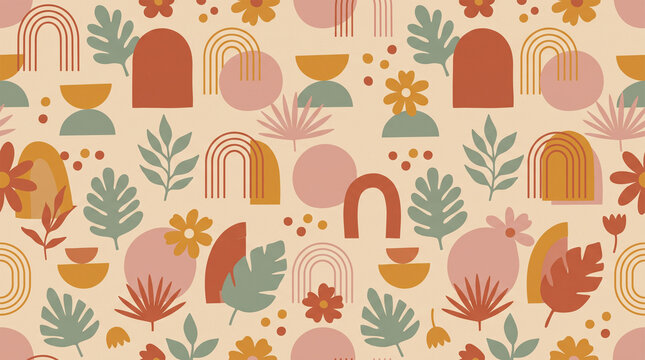 Seamless boho abstract pattern with geometric arches floral elements and botanical leaves in earthy terracotta and pastel tones
