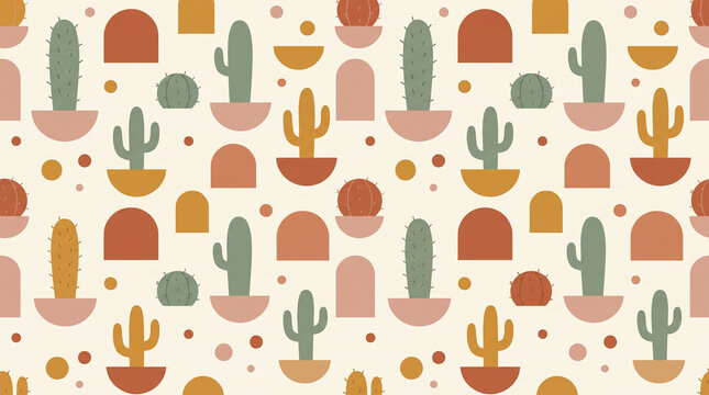 Seamless boho pattern with potted desert cacti, succulents, and abstract geometric shapes in earthy terracotta tones.