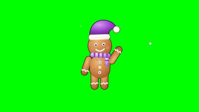 Cute gingerbread man wearing a purple hat and scarf waving on a green screen.
