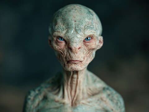 Detailed portrait of an alien creature with blue eyes