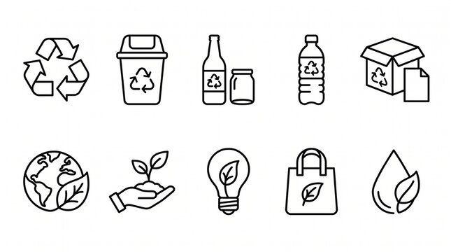 A collection of ten black outline vector icons illustrating recycling symbols, waste sorting containers, eco-friendly materials, glass bottles, plastic, paper, and sustainable earth green concepts.
