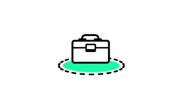 Line icon of a briefcase on a glowing green circular platform with dashed ring representing business solutions, workplace security and career concept