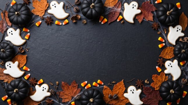 Halloween frame flat lay with ghost cookies and black pumpkins, spooky autumn composition on dark background, copy space