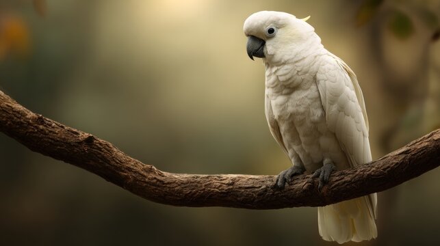 White cockatoo parrot resting on a curved branch.