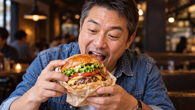 Man Holding a Large Burger Near His Face in a Dark Restaurant