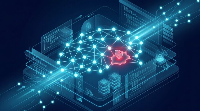 Digital brain network with glowing shield icon for artificial intelligence security protection
